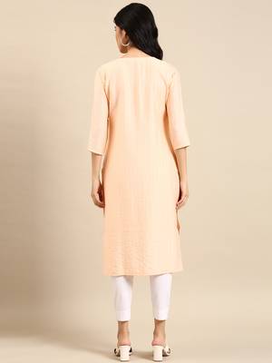 women's calf length round neck peach solid straight kurta 5