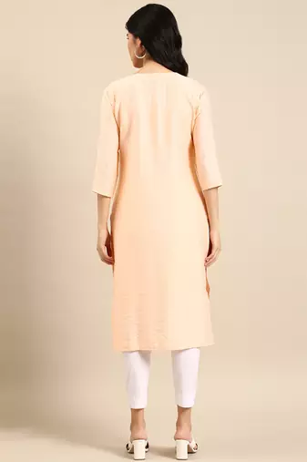 women's calf length round neck peach solid straight kurta
