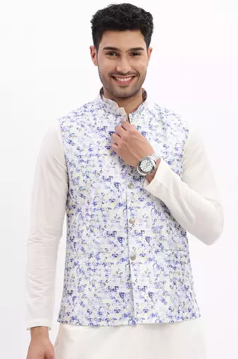 Men's Slim Fit Printed Lavender Nehru Jacket
