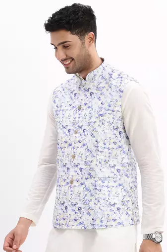 Men's Slim Fit Printed Lavender Nehru Jacket