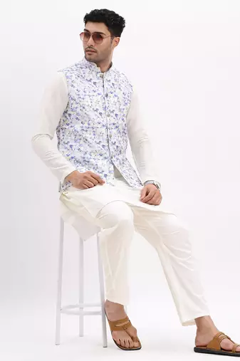 Men's Slim Fit Printed Lavender Nehru Jacket