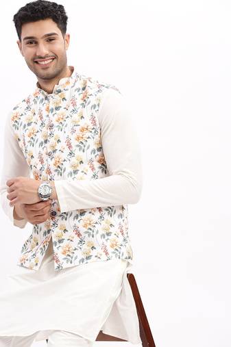 SHOWOFF Men's Slim Fit Printed Off White Nehru Jacket
