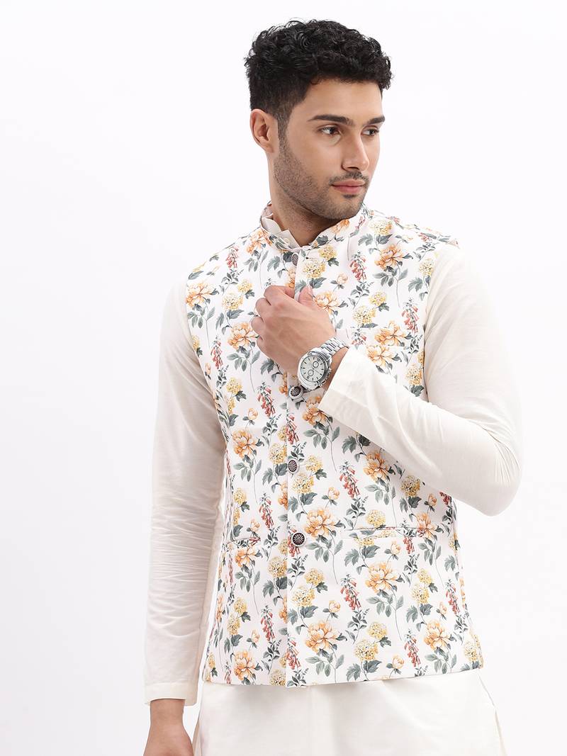 SHOWOFF Men's Slim Fit Printed Off White Nehru Jacket