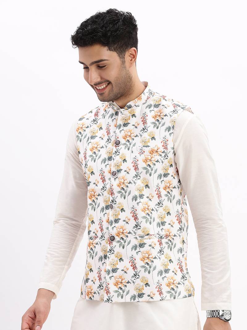SHOWOFF Men's Slim Fit Printed Off White Nehru Jacket