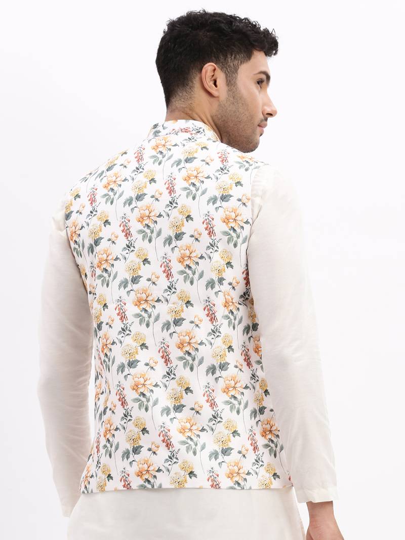 SHOWOFF Men's Slim Fit Printed Off White Nehru Jacket