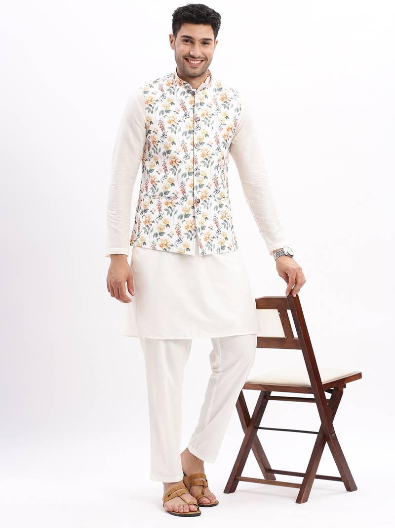 SHOWOFF Men's Slim Fit Printed Off White Nehru Jacket