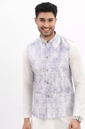 Men's Slim Fit Printed Lavender Nehru Jacket