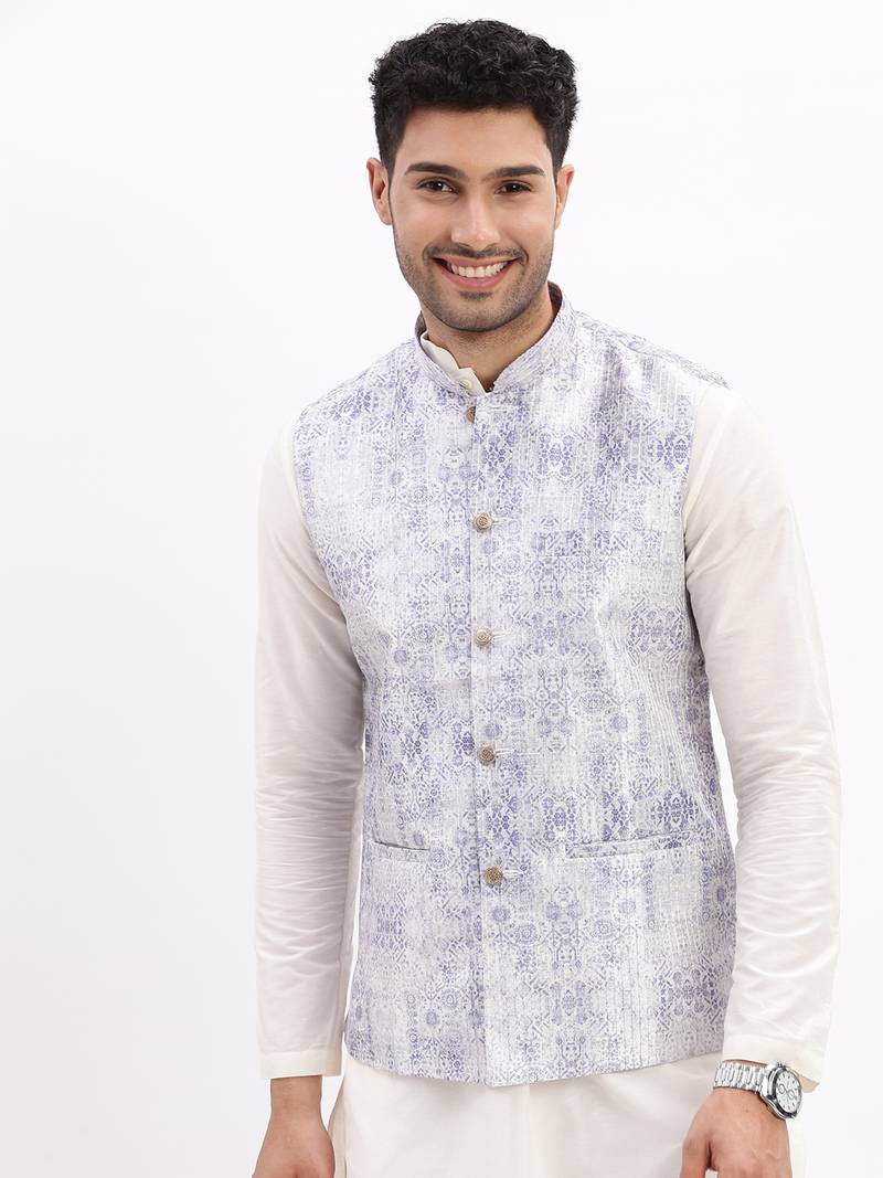 Men's Slim Fit Printed Lavender Nehru Jacket