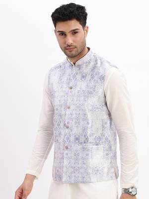Men's Slim Fit Printed Lavender Nehru Jacket 3