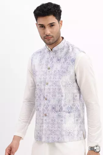 Men's Slim Fit Printed Lavender Nehru Jacket