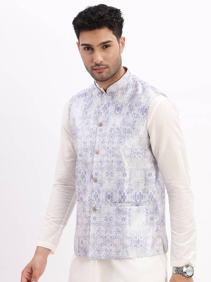 Men's Slim Fit Printed Lavender Nehru Jacket