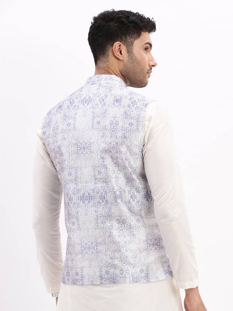 Men's Slim Fit Printed Lavender Nehru Jacket