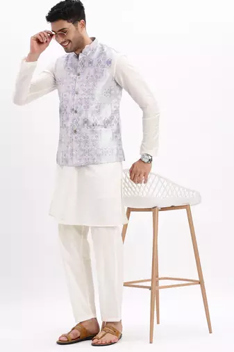 Men's Slim Fit Printed Lavender Nehru Jacket