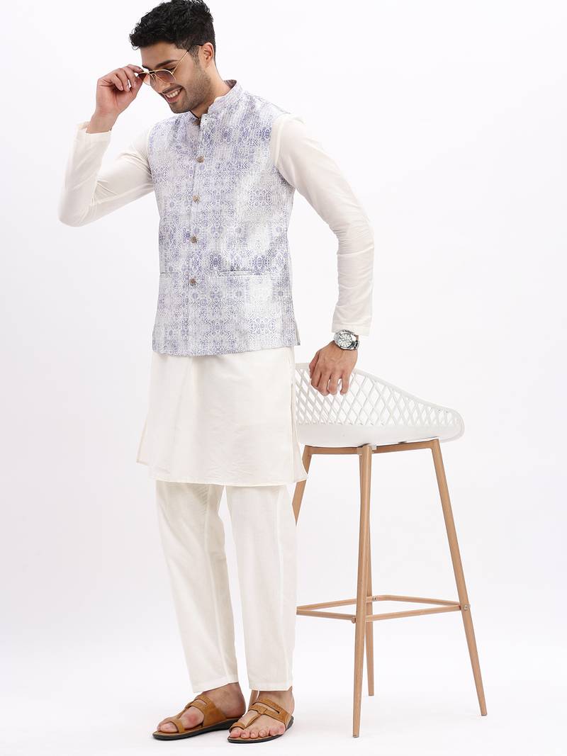Men's Slim Fit Printed Lavender Nehru Jacket