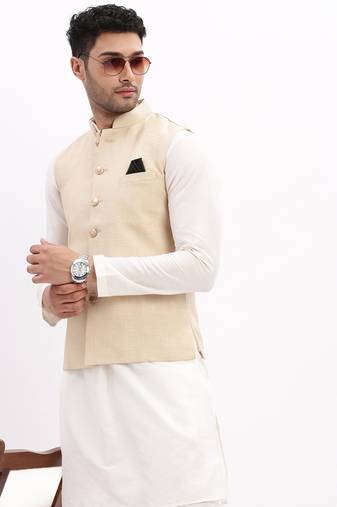 SHOWOFF Men's Slim Fit Solid Beige Nehru Jacket