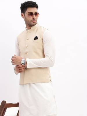 SHOWOFF Men's Slim Fit Solid Beige Nehru Jacket 1
