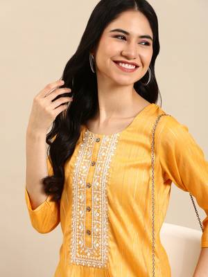 women's calf length round neck yellow woven design straight kurta 2