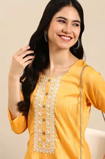 women's calf length round neck yellow woven design straight kurta