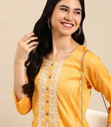 women's calf length round neck yellow woven design straight kurta