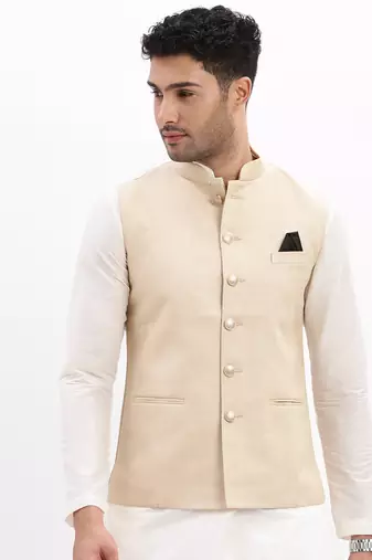 SHOWOFF Men's Slim Fit Solid Beige Nehru Jacket