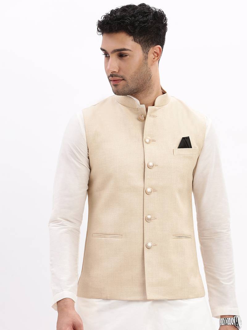SHOWOFF Men's Slim Fit Solid Beige Nehru Jacket