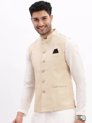 SHOWOFF Men's Slim Fit Solid Beige Nehru Jacket 3