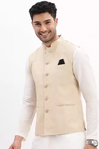 SHOWOFF Men's Slim Fit Solid Beige Nehru Jacket