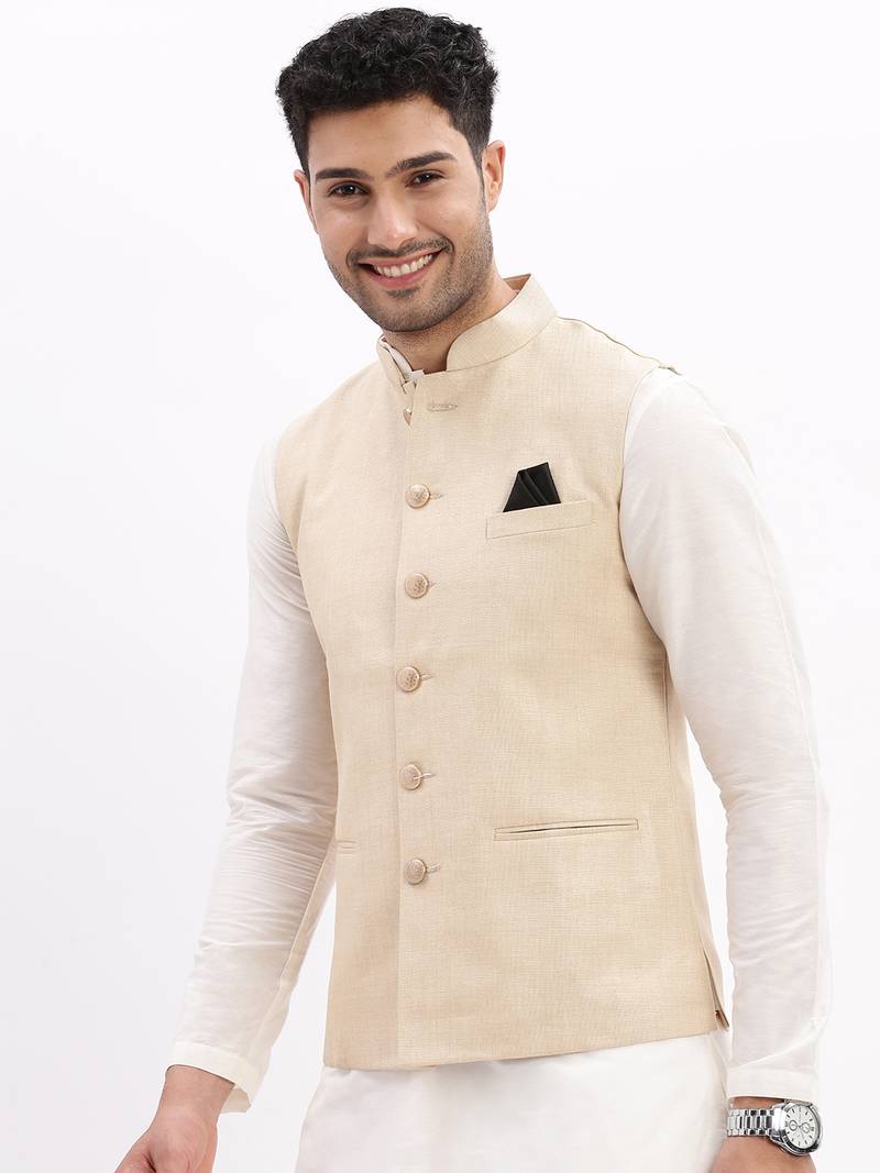 SHOWOFF Men's Slim Fit Solid Beige Nehru Jacket