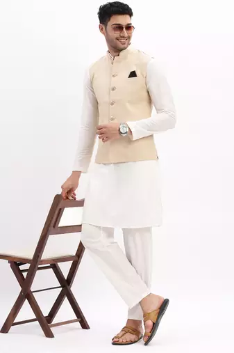 SHOWOFF Men's Slim Fit Solid Beige Nehru Jacket