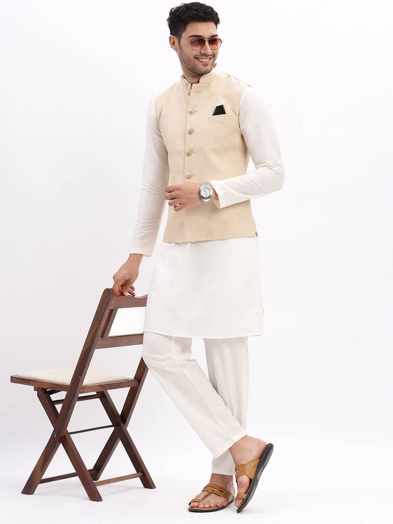 SHOWOFF Men's Slim Fit Solid Beige Nehru Jacket