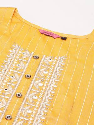 women's calf length round neck yellow woven design straight kurta 3