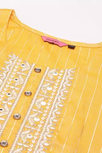 women's calf length round neck yellow woven design straight kurta