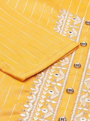 women's calf length round neck yellow woven design straight kurta 4