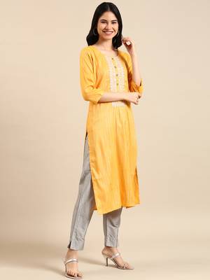 women's calf length round neck yellow woven design straight kurta 1