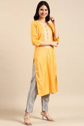 women's calf length round neck yellow woven design straight kurta
