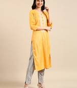 women's calf length round neck yellow woven design straight kurta
