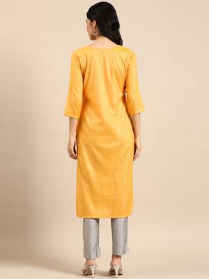 women's calf length round neck yellow woven design straight kurta 5