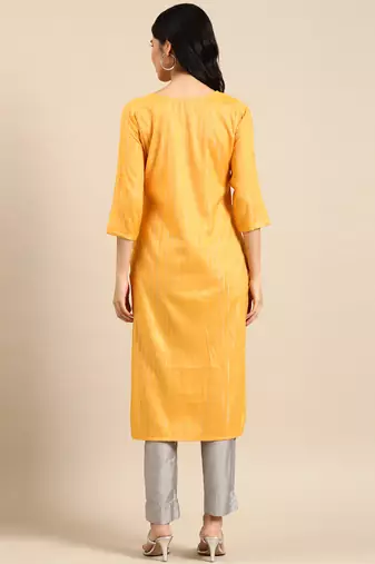 women's calf length round neck yellow woven design straight kurta