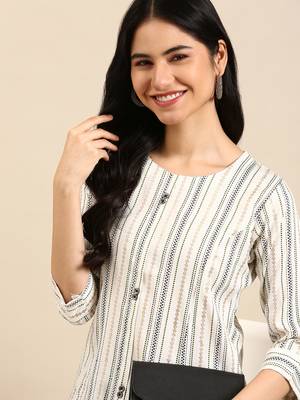women's calf length round neck white woven design straight kurta 2