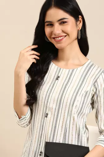 women's calf length round neck white woven design straight kurta
