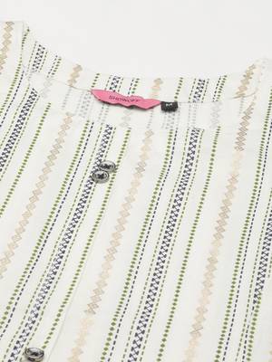 women's calf length round neck white woven design straight kurta 3