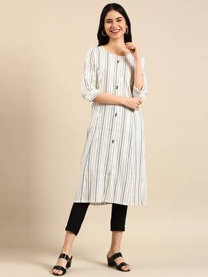 women's calf length round neck white woven design straight kurta 1