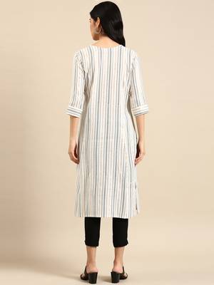 women's calf length round neck white woven design straight kurta 5