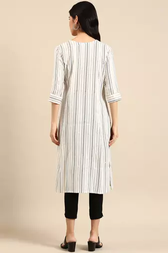 women's calf length round neck white woven design straight kurta