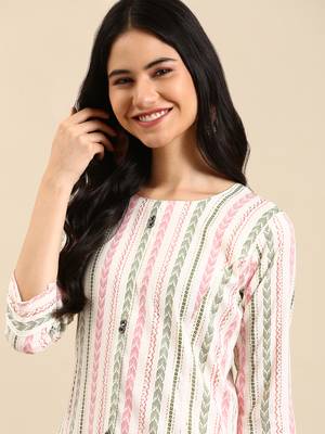 Showoff women's calf length round neck white woven design straight kurta 2