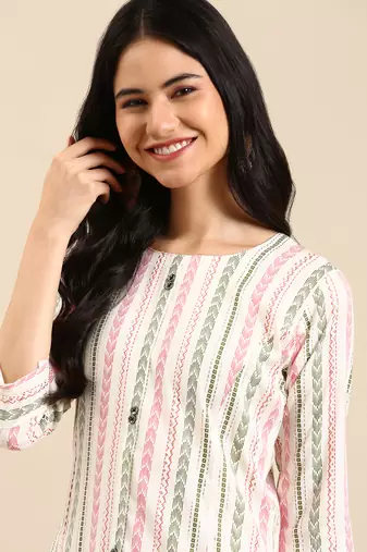 Showoff women's calf length round neck white woven design straight kurta