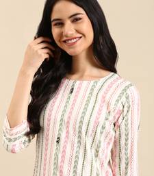 Showoff women's calf length round neck white woven design straight kurta