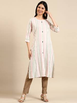 Showoff women's calf length round neck white woven design straight kurta 1