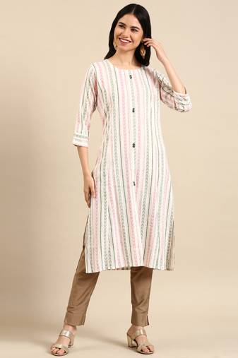 Showoff women's calf length round neck white woven design straight kurta