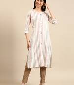 Showoff women's calf length round neck white woven design straight kurta